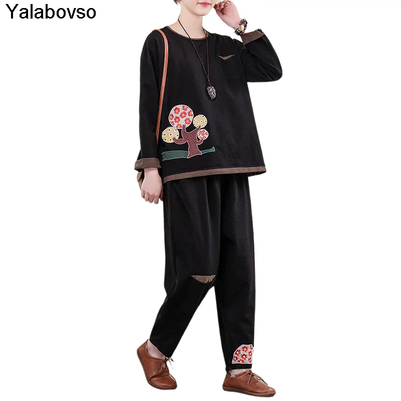 

O Neck Tees And Pants 2021 Spring Large Size 2 Piece Sets Womens Outfits Loose Solid Color Embroidery Casual Suit For Tracksuit