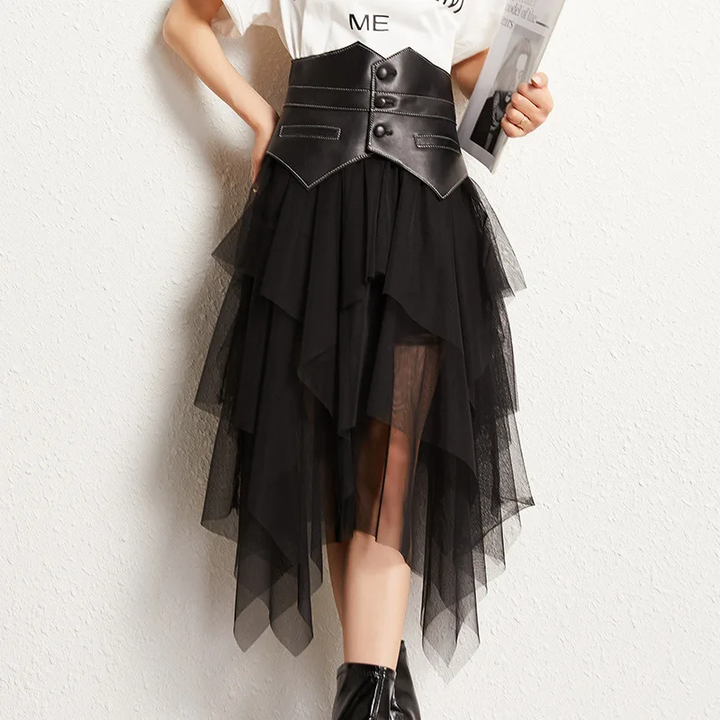

Fairy Skirt Female Sheepskin Girdle Alda Negra Pacthwork Irregular Black Dress Women Genuine Leather Falda Midi Ball Gown Belt