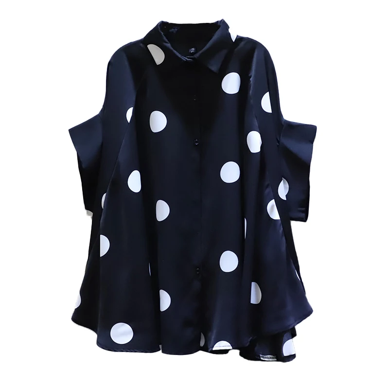 

IEQJ 2021 Summer New Style Korean Black Casual Lapel Polka Dot Pattern Loose Big Size Simple Fashion Chiffon Shirt Women 3F0642