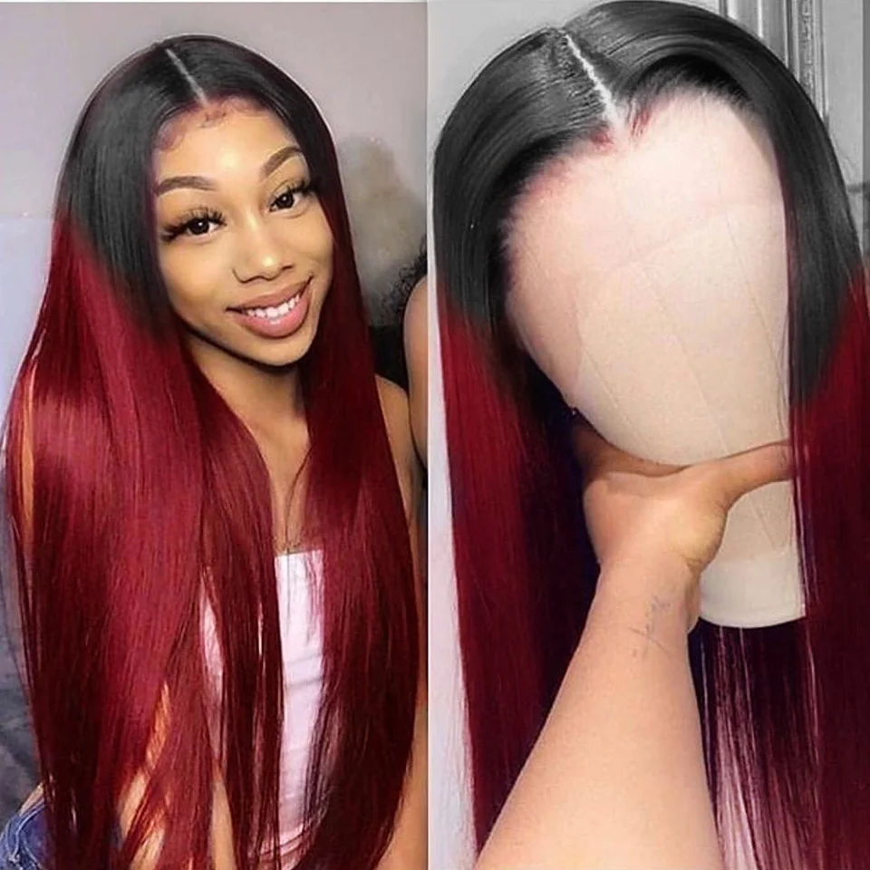 

Ombre Lace Front Human Hair Wigs For Women 150% Glueless Pre-colored 1B Red 99J Burgundy 13x4 Brazilian Straight Lace Front Wig