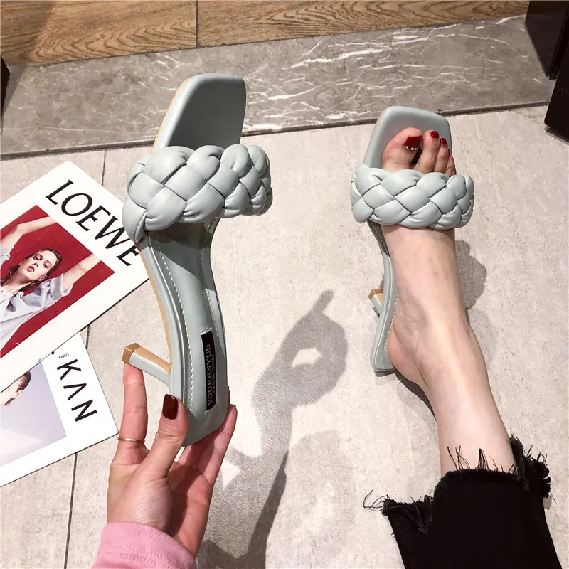

Goddess Models New Twist Woven Open-toed Stiletto Sandals Slippers Fairy Outdoor Slippers Weave Lace-up Shoes
