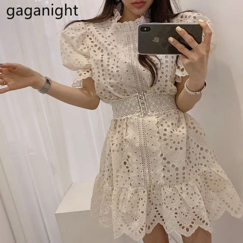 

Gaganight Lace Elegant Women Party Dress Heavy Craft Short Sleeve Stand Collar Chic Korean Dresses Lady A Line Vestido with Belt