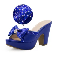 6245 7 blue bowknot women shoes high heels platform party dress mules sandals high heeled slippers luxury heels slides ladies