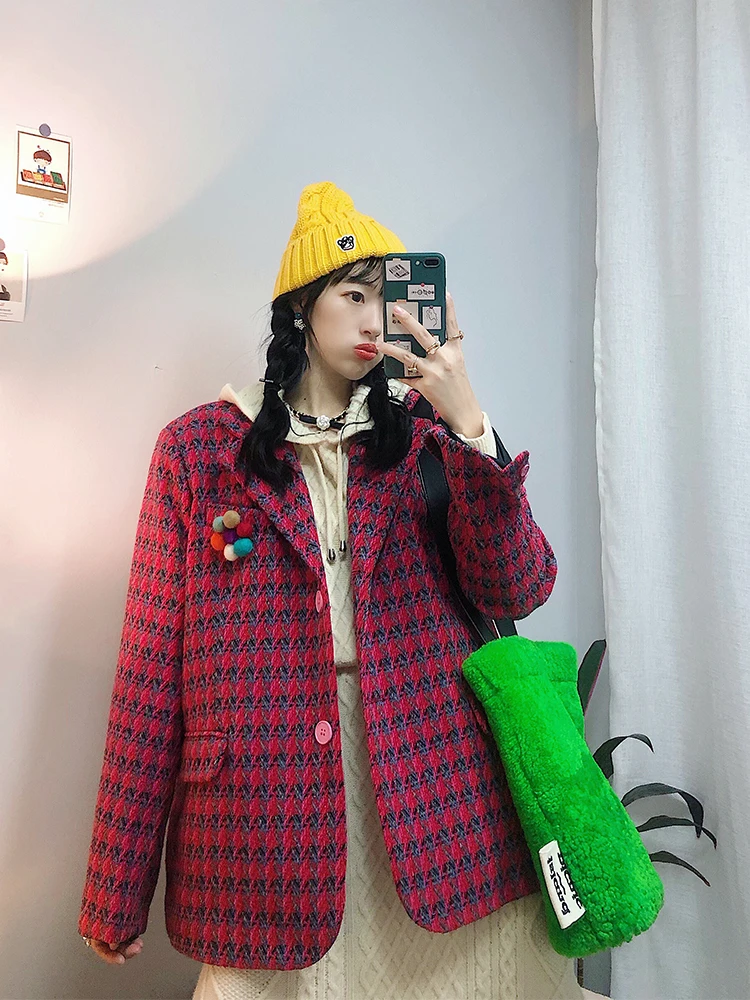 

Retro Houndstooth Small Suit Woolen Coat Female 2020 New Korean Version of the Loose Suit Padded Woolen Coat-Music of the Tide