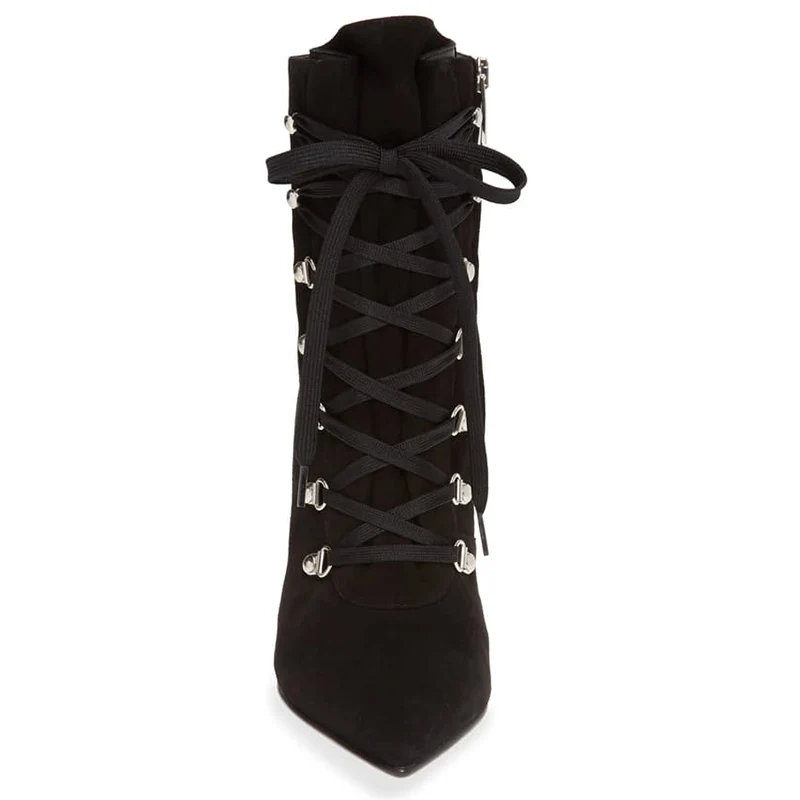 Ботильоны женские из флока на высоком каблуке заостренный носок шнуровке