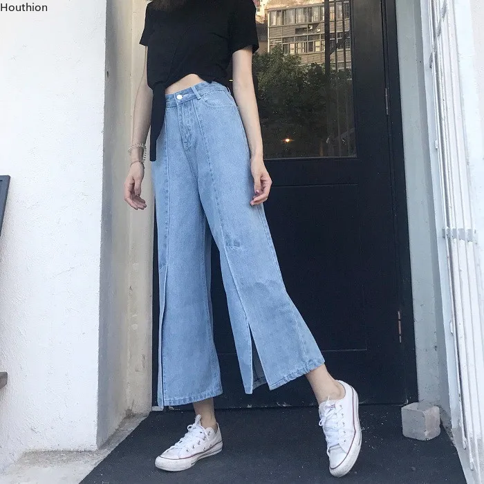 

Spring/summer New High Waist Women's Jeans Korean Thin Wide Legs Loose Split Fork Buttons Denim Pants