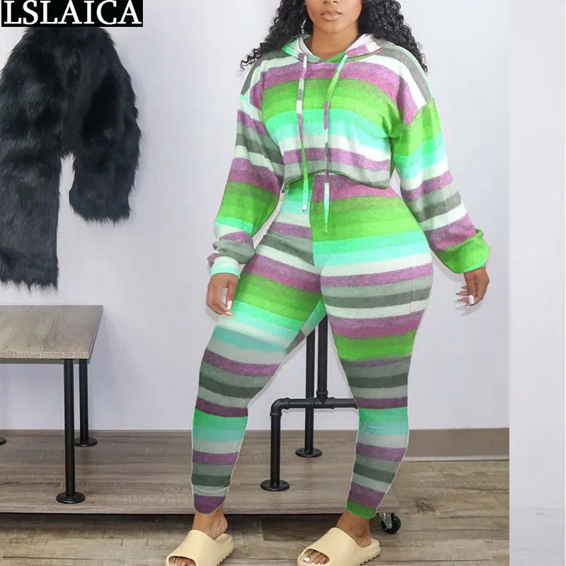 

Fall Clothes for Women Two Piece Set Autumn Color Stripe Hooded Tops Long Pants Sets Casual Outfits Sportswear Sweat Suits 2020