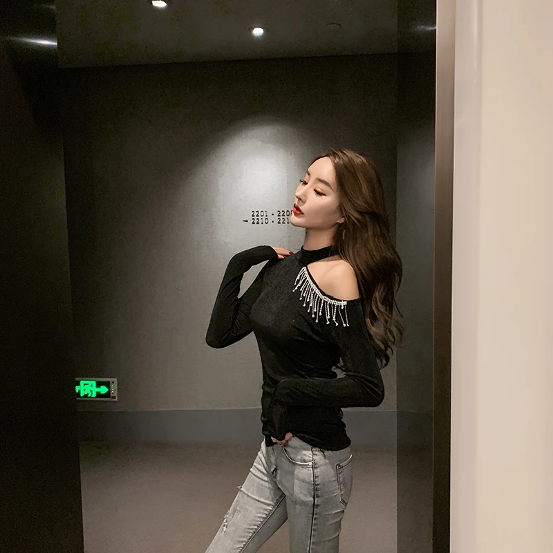 

Black Sexy Off Shoulder Women Tshirts Fashion Brand Hollow Out Tassel Patchwork Autumn Style Ladies Tops Halter Slim Tees New