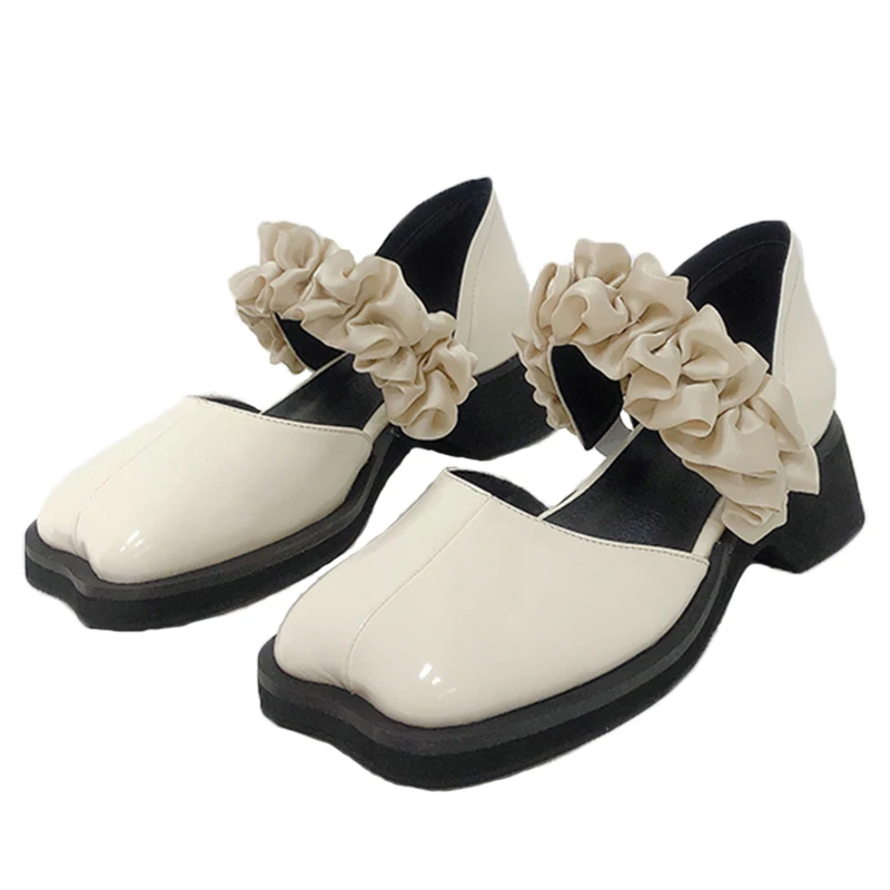 

Pure Color Mary Jane Shoes Autumn 2021 New Square Toe Thick Bottom Small Leather Shoes Wild Flowers Elastic Rope Foot Flat Shoes