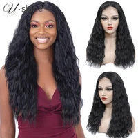 ushine synthetic curly lace wigs 22 inch long hair 4%c3%974 lace closure with natural hairline for women black color