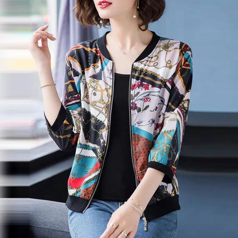 

Chic Prinitng Half Sleeve Coat Women Spring Plus Size 4XL Zipper Thin Jacket Ladies Caual Loose Sunscreen Short Outwear Female