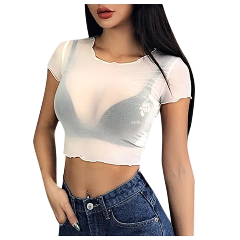 Женская сексуальная прозрачная сетчатая укороченная футболка с коротким