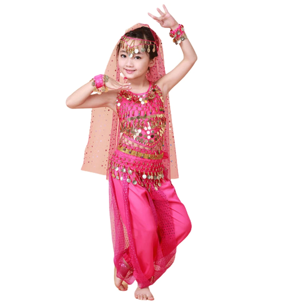 

Belly dance costume clothes wear kids dance child children indian dance gift 2pcs-5pcs Top&Pant&Belt&Headband&Bracelet,4 colors.