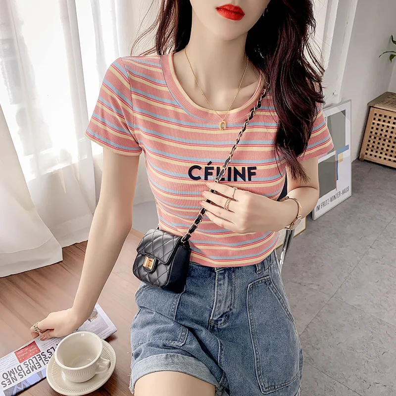 

Striped Short-Sleeved T-Shirt Women Summer 2021 New Fashion Harajuku Style Letters Printed Tops T8673