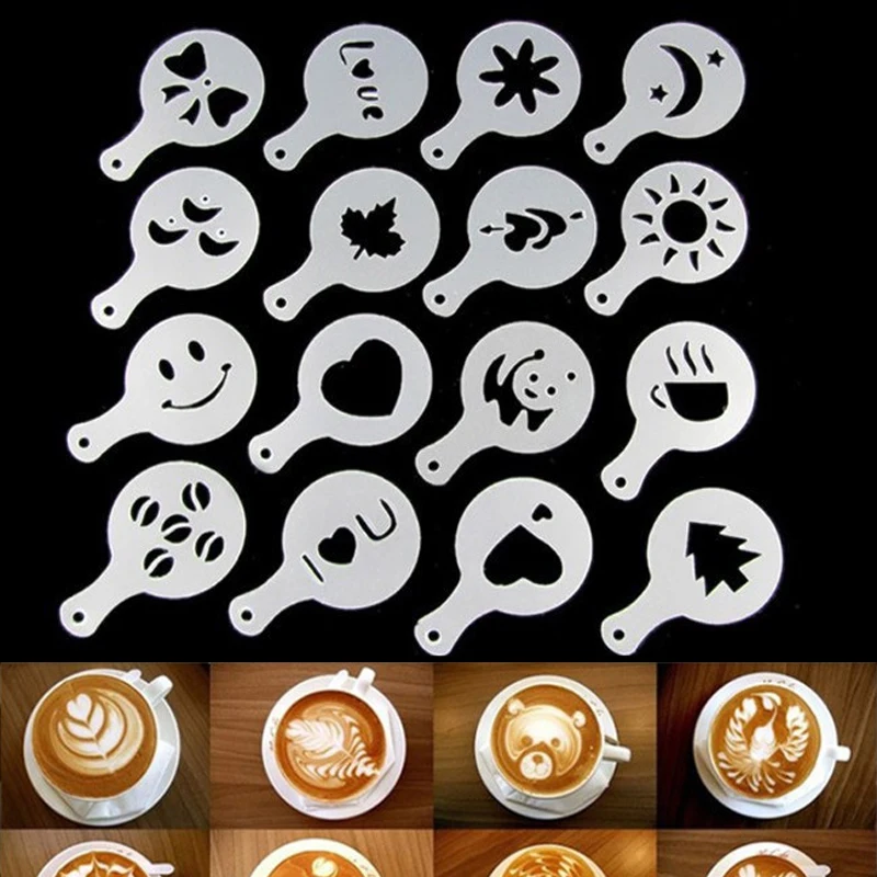 16PCS Plastic Cafe Foam Template Barista Stencils Mold Coffee Art Needles Stainless Steel latte Garland Needle Powder Sprinkle images - 6
