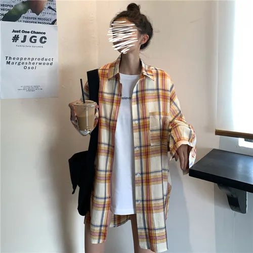 Plaid Simple Loose All Match Fashion Basic Turn Down Collar 2019 Winter Thin Female Women Long Sleeve Shirts |