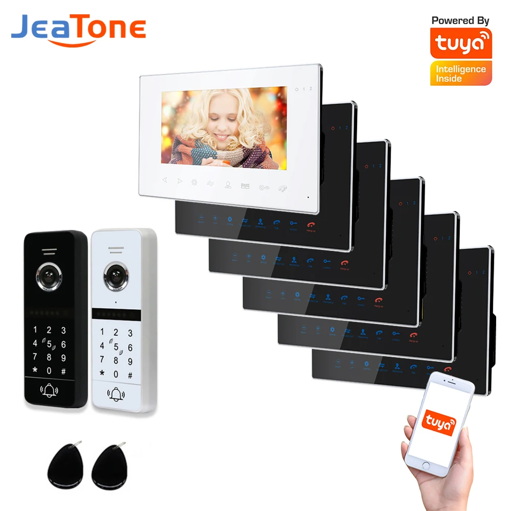 

Видеодомофон Jeatone, Wi-Fi, 2 двери, 6 мониторов, AHD 960P, система Tuya, Удаленная разблокировка через приложение
