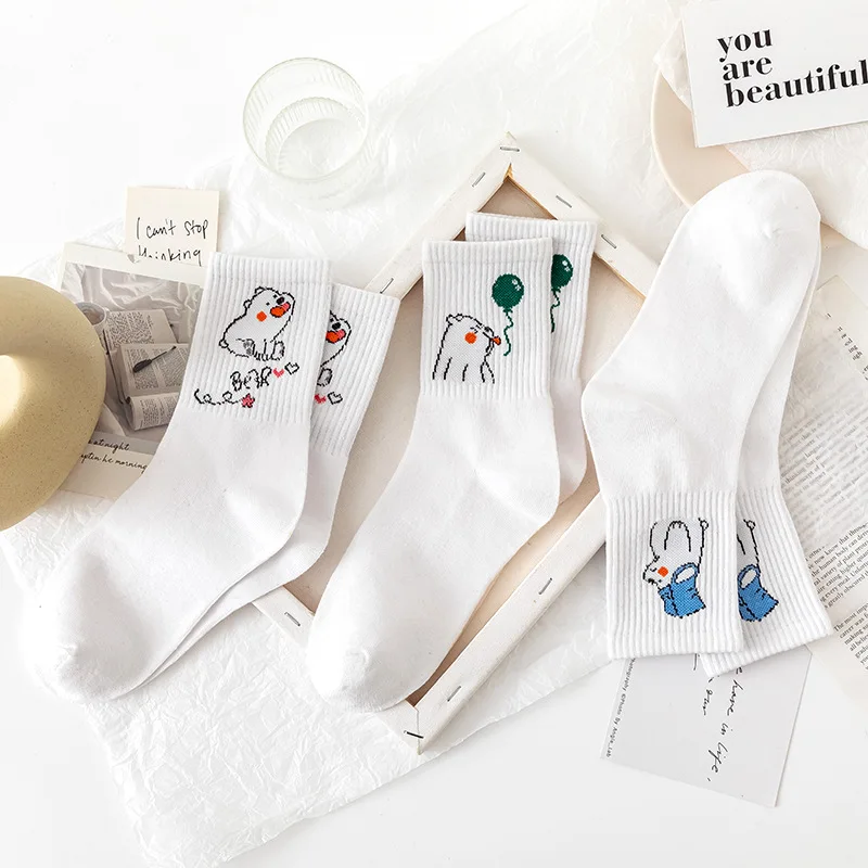 New product white bear Socks women's Kawaii jacquard breathable cotton sports Women's socks fashion cute cartoon Maiden Socks