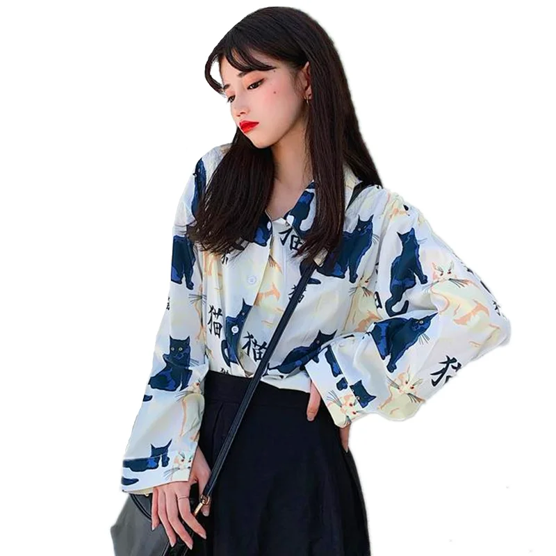 

Women Vintage Blouses Cat Printed Basic Loose Chic Design Ladies Long Sleeves Shirts Daily High Street All-match Womens BlusaTop