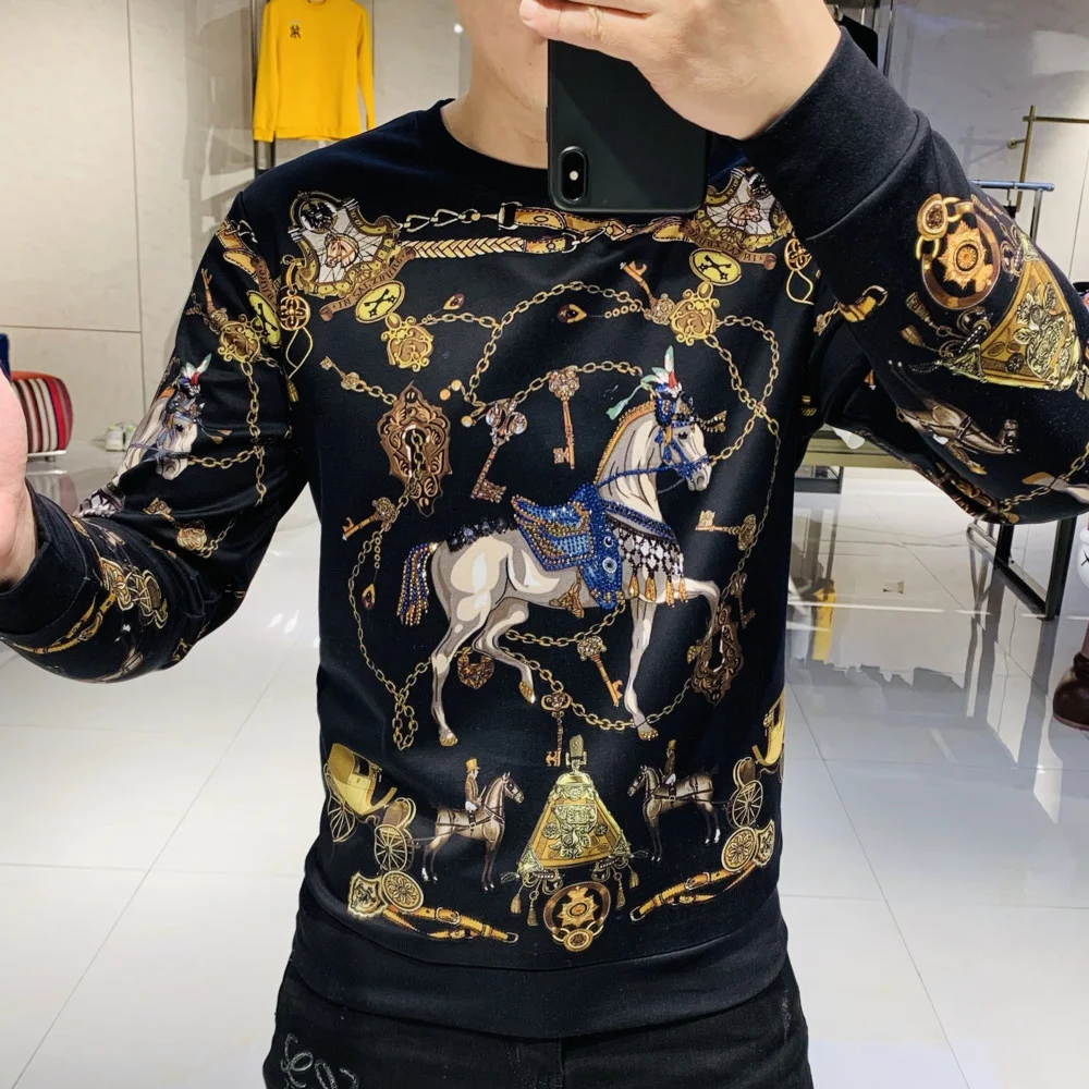 

Футболка мужская с роскошным принтом, тенниска с принтом в стиле барокко, цвет черный/золотой, весна-осень 2021