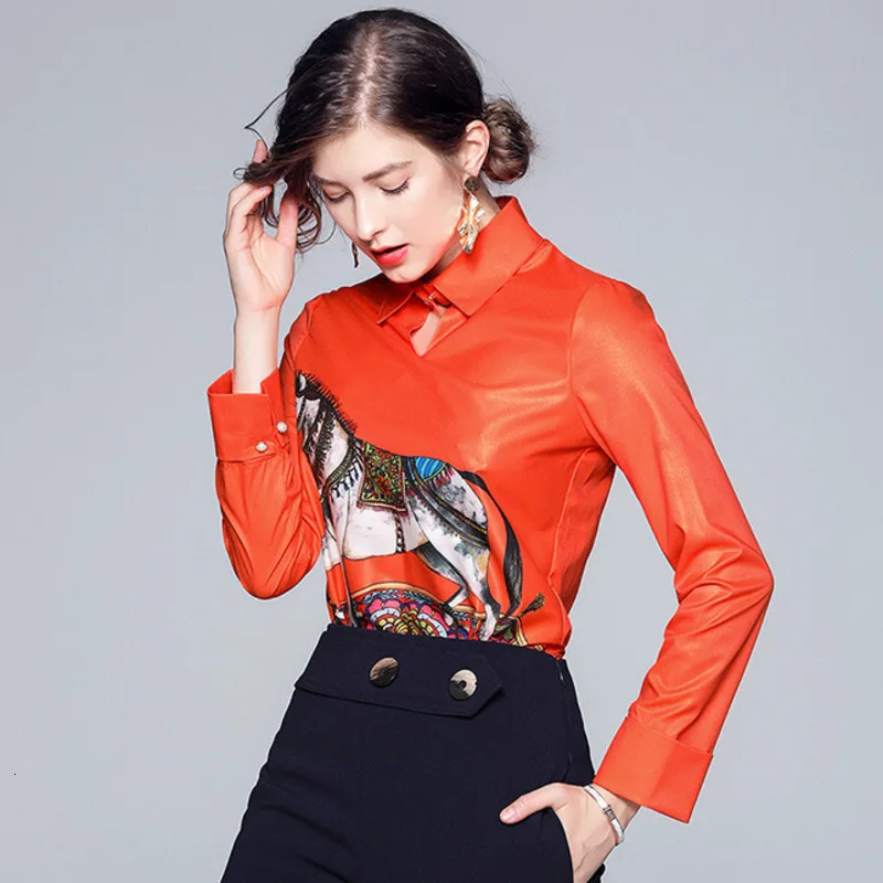 Женская мода поло воротник лошадь печатных красная рубашка с длинным рукавом