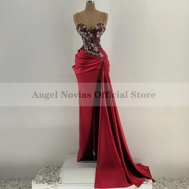 

ANGEL NOVIAS Long Mermaid Burgundy Caftan Arabic Evening Dress 2021 with Slit Robes De Soiree Longue