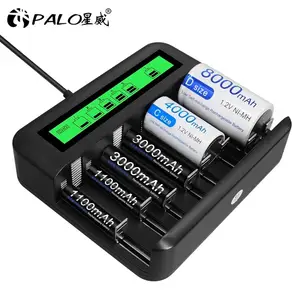 palo 8 slots lcd display smart usb battery charger for 1 2v nimh nicd type c d aa aaa rechargeable battery fast charge device free global shipping