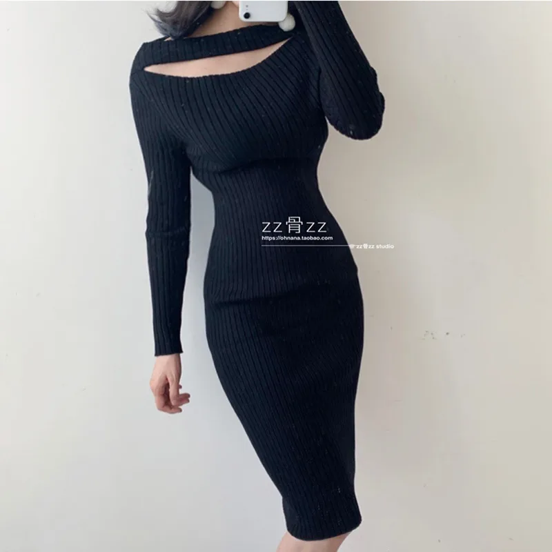 

WOMENGAGA Slash Neck Strapless Hollow Out Sexy Slim Long Sleeve Knitted Long Dress Dresses Elasticity Robe sweater korean 9OM6
