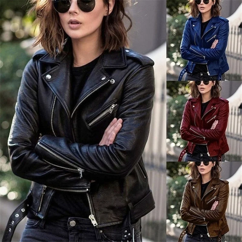 Куртка женская кожаная на молнии, Модная приталенная уличная одежда, повседневная однотонная мотоциклетная куртка оверсайз, осень/зима