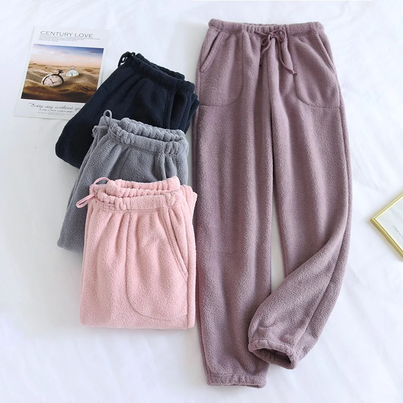

Autumn And Winter Couple Flannel Sleep Bottom Warm Loose Velvet Sleep Pants For Women Female Thick Pajamas Pants Lounge Trouser