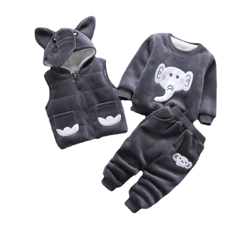 

Autumn and Winter Warm Clothes for Boys and Girls with Hood Pocket Waistcoat Printed Jacket and Flannelette Trouser Sets
