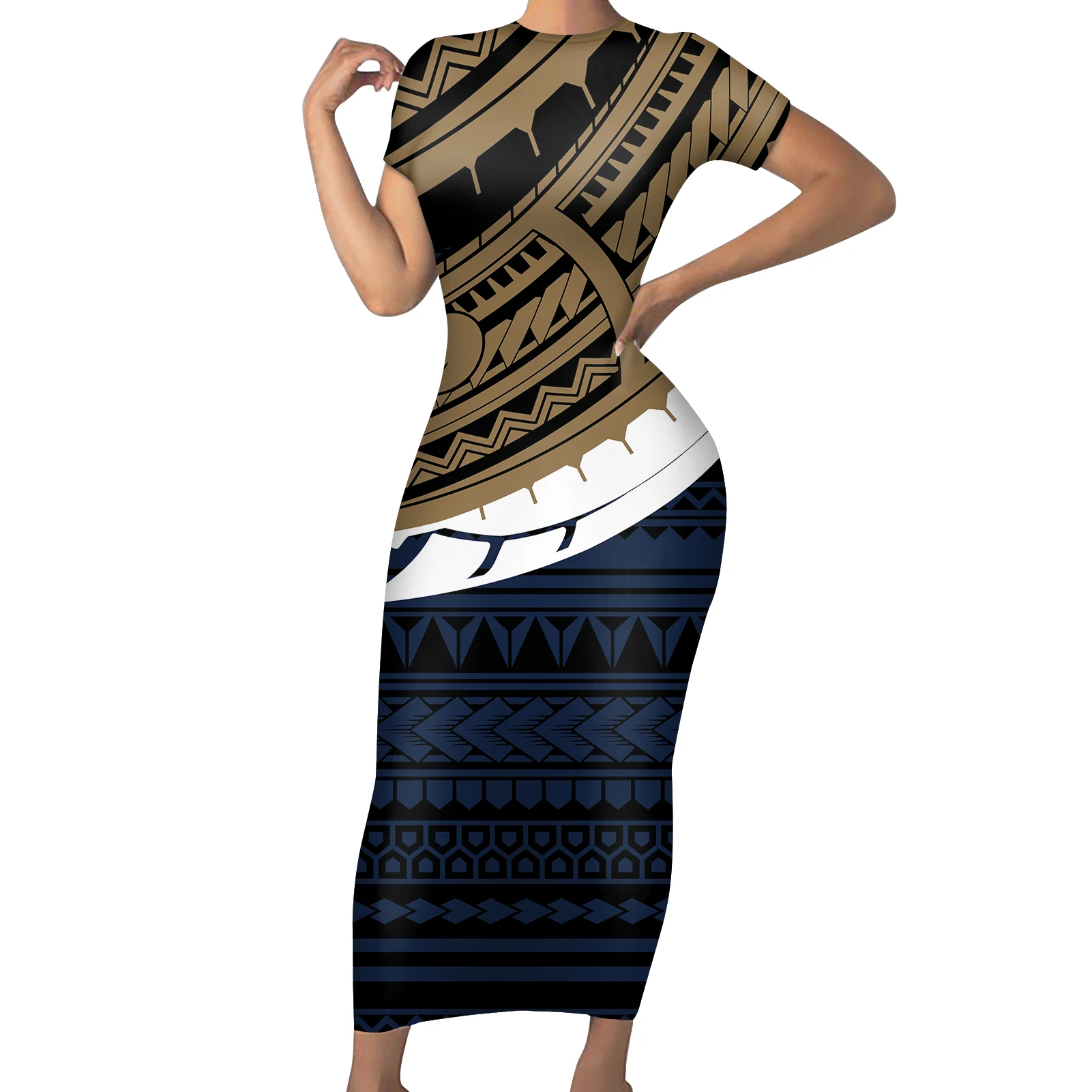 

Blue Black Brown Polynesian Tribal Hawaiian Clothing Robe Gypsy Dancing Party Wine Evening Short Sleeves O Neck Femme Ropa Mujer