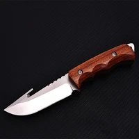 survival knife fixed blade tactical knife edc knives with hook back rope cutter outdoor camping blades non slip wooden handle