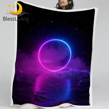 BlessLiving Circles Fluffy Blanket Sea Throw Blanket Starry Sky Bedding Black Fluorescent Violet Soft Bedspreads 3pcs Drop Ship 1