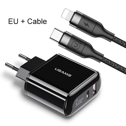 EU Type with Cable USAMS 18 Вт PD зарядное устройство 3,0 USB зарядное устройство 3A Быстрая зарядка EU US вилка адаптер настенное зарядное устройство для мобильного телефона для iPhone x samsung S10 - Тип штекера: EU Type with Cable