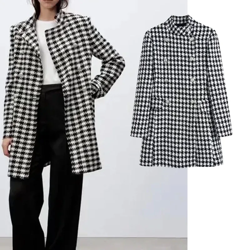 

Женское твидовое пальто Za, винтажная верхняя одежда с длинными рукавами, накладными карманами и металлическими пуговицами, в британском ст...