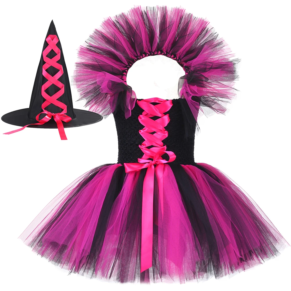 

Girls Halloween Witch Costume with Collar for Kids Carnival Party Clothes Black & Hot Pink Children Girls Tulle Witch Tutu Dress