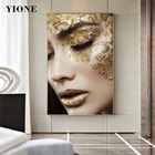 Золотая Женская настенная Картина на холсте с изображением лица, Современная модная декоративная картина для гостиной, спальни, плакаты, принты