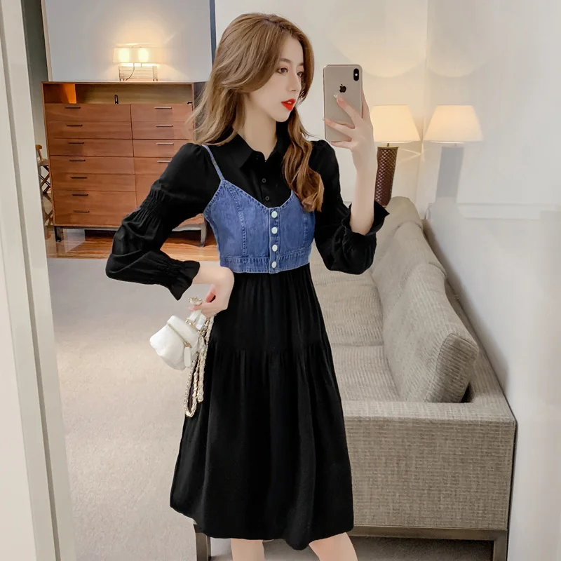 

Теперь осенне-зимнее Новое приталенное платье-рубашка + джинсовый комплект из двух предметов с жилетом на бретельках