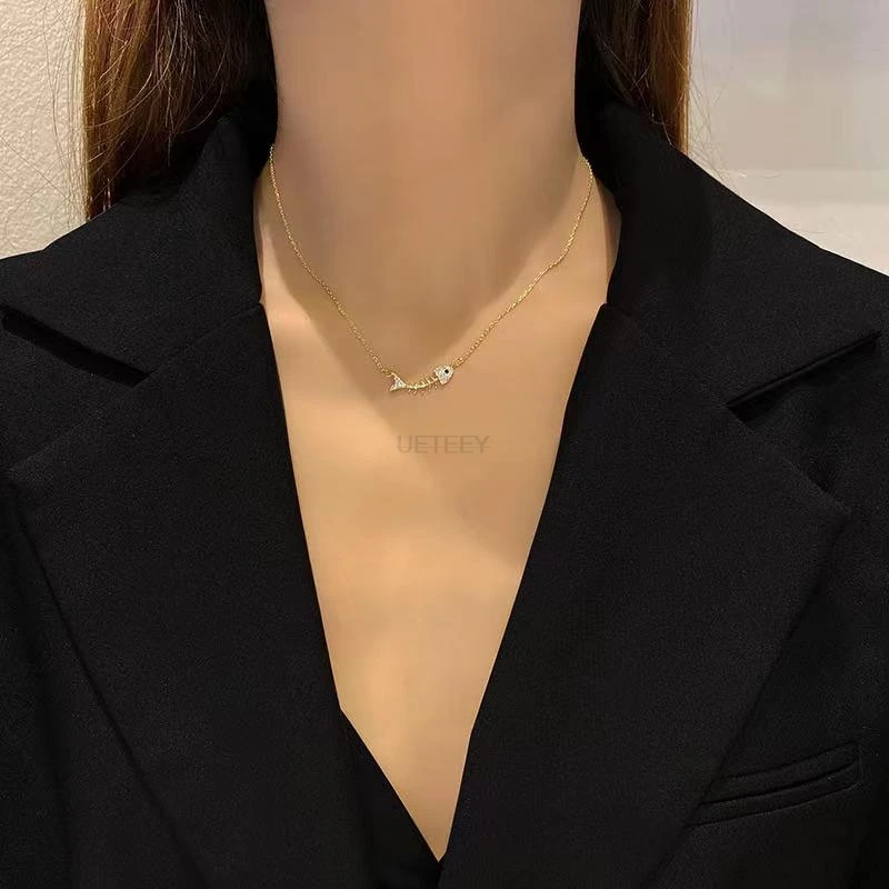 

New pendant crystal necklace fish bone shape golden high-end exquisite jewelry women's necklace