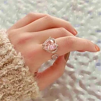 romantic pink peach heart opening adjustable love big zircon index finger ring for women girlfriend engagement wedding gifts