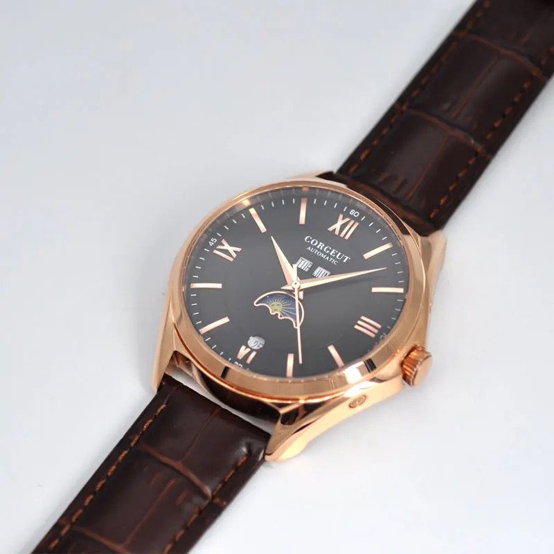 Corgeut 41 мм Moon Phase черный циферблат Новые Мужские автоматические механические