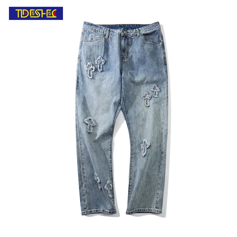 

Men Fashion High Street Trousers Embroidery Cross Jeans Men/women Streetwear Loose Hiphop Casual Trousers Men Clothing 2021