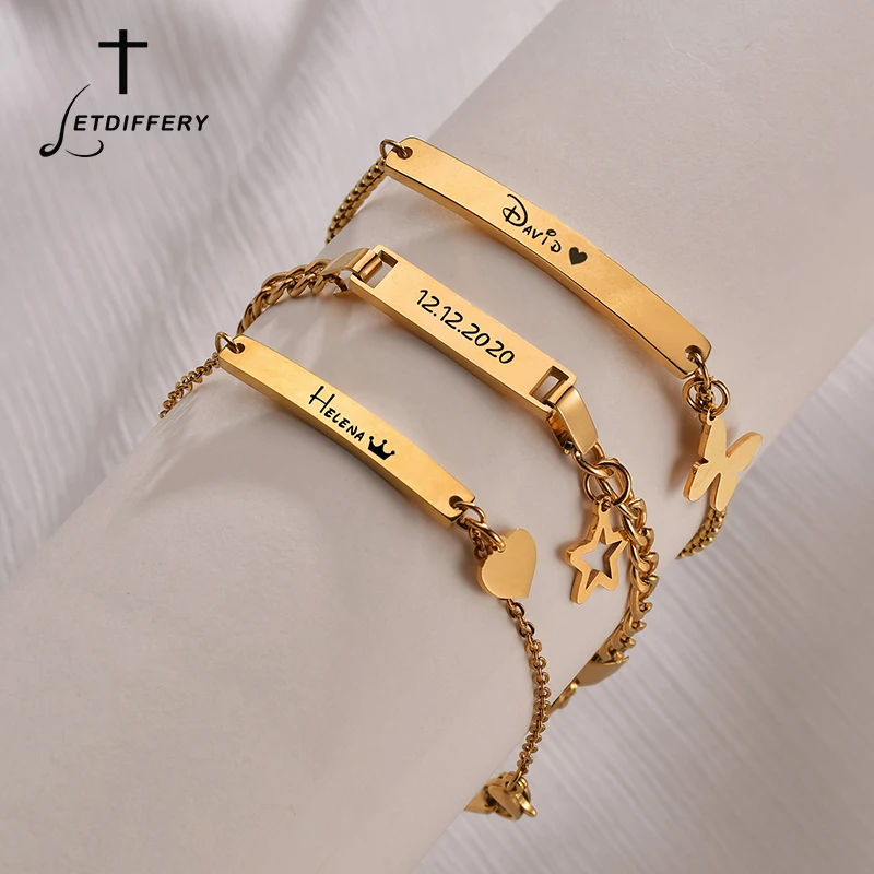 Letdiffery Customized ID Bar Name Bracelet for Baby Engrave Name Date Stainless Steel Kids Bangle Birthday Jewelry Dropshiping