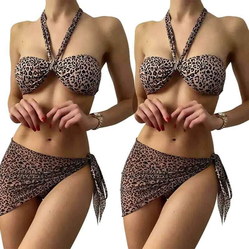 

3PCS Women's Sexy Leopard Bikini Set Swimwear Padded Swimsuit Bathing Beachwear