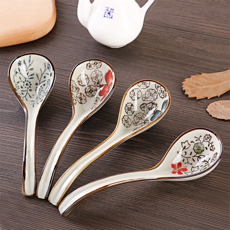 Набор посуды из костяного фарфора японская ложка с керамические длинные ручкой