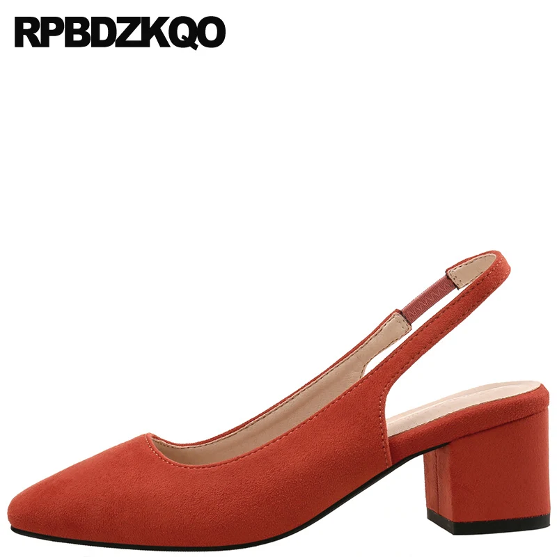 

Женские замшевые босоножки на квадратном каблуке, оранжевые босоножки с ремешком на пятке, без застежки, на среднем толстом каблуке, больши...