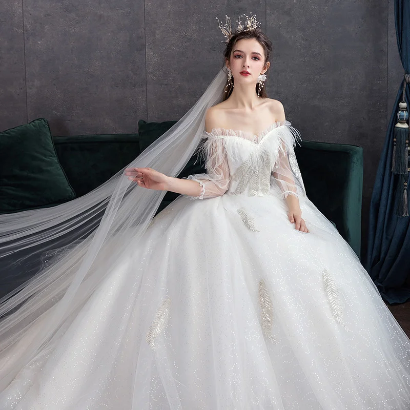 

Wedding Dress 2021 New Style Bra Strap Wedding Korean Wedding Dress White Tailed Slim Fitting Wedding Dress