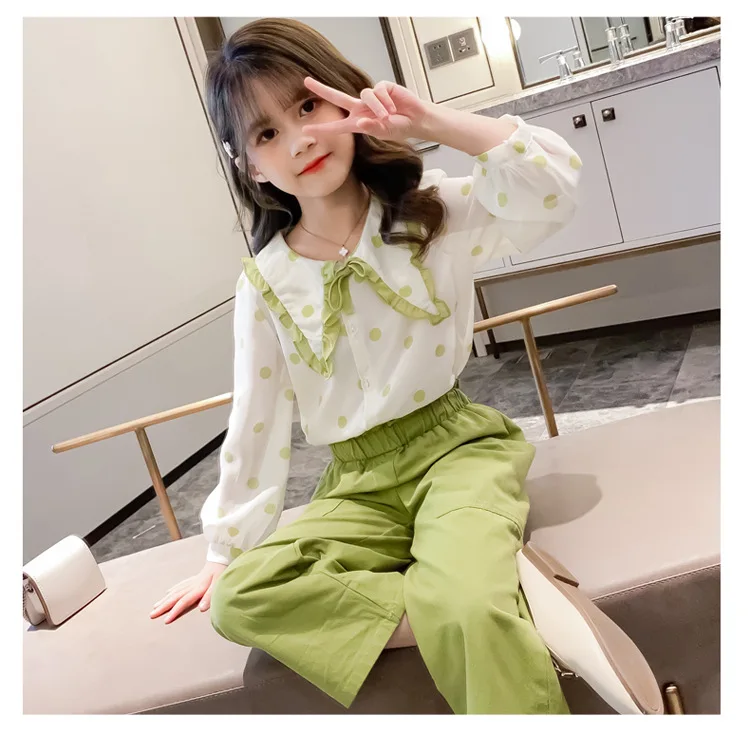 

New Spring School Kids Long-Sleeved Outfits Dot Top and Pants Suits Girls Clothing Sets Autumn Children Clothes For Girls Set