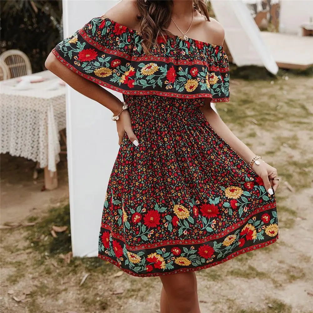 

Women's Dress Sexy Sleeveless Off Shoulder Bohemian Midi Skirt High Waist Cotton Ladies' Dress For Summer New Floral Boho